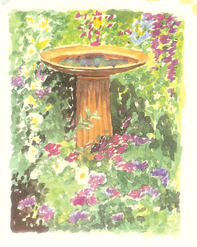 watercolor of spring birdbath, c1997, Susan A Berry